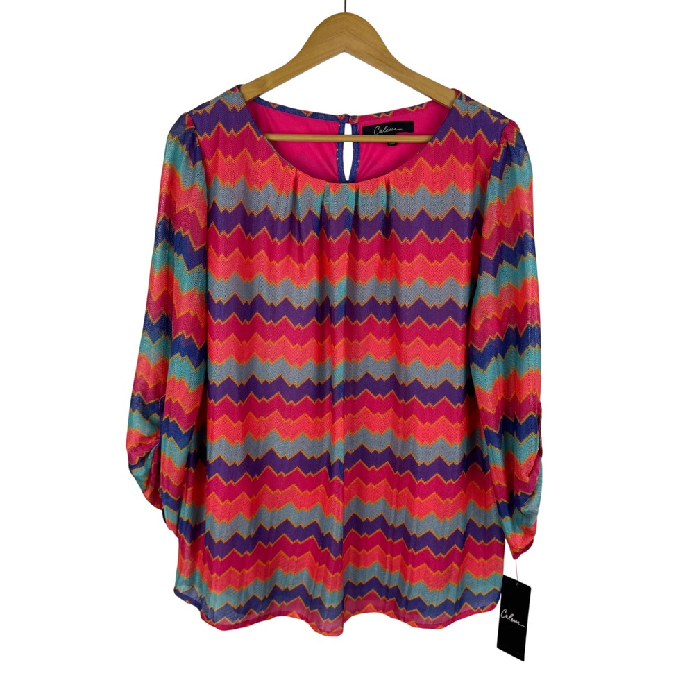 NWT Calessa Chevron Stripe Blouse Size 1X Multicolor Boho Chic Colorful Hippie